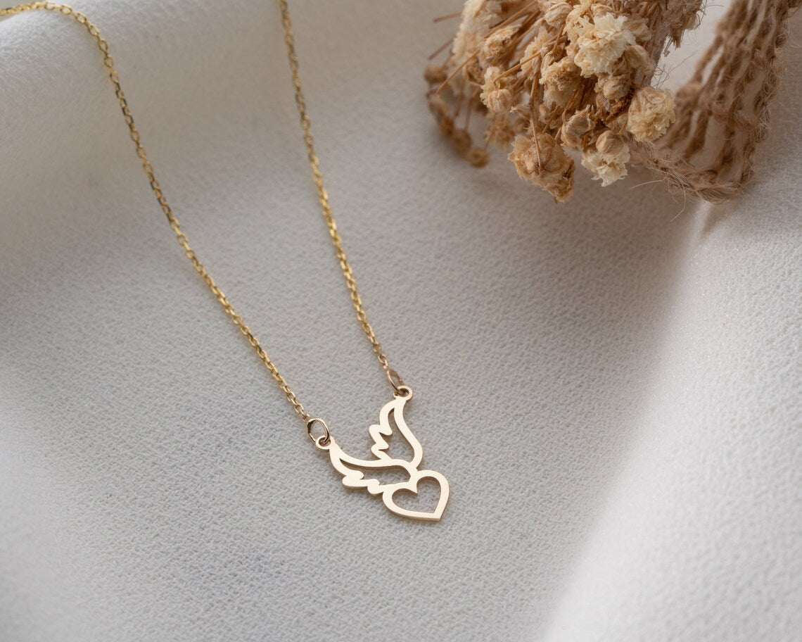 Heart Necklace With Wings | 14K Gold Wings Love Pendant| Varto Jewelry