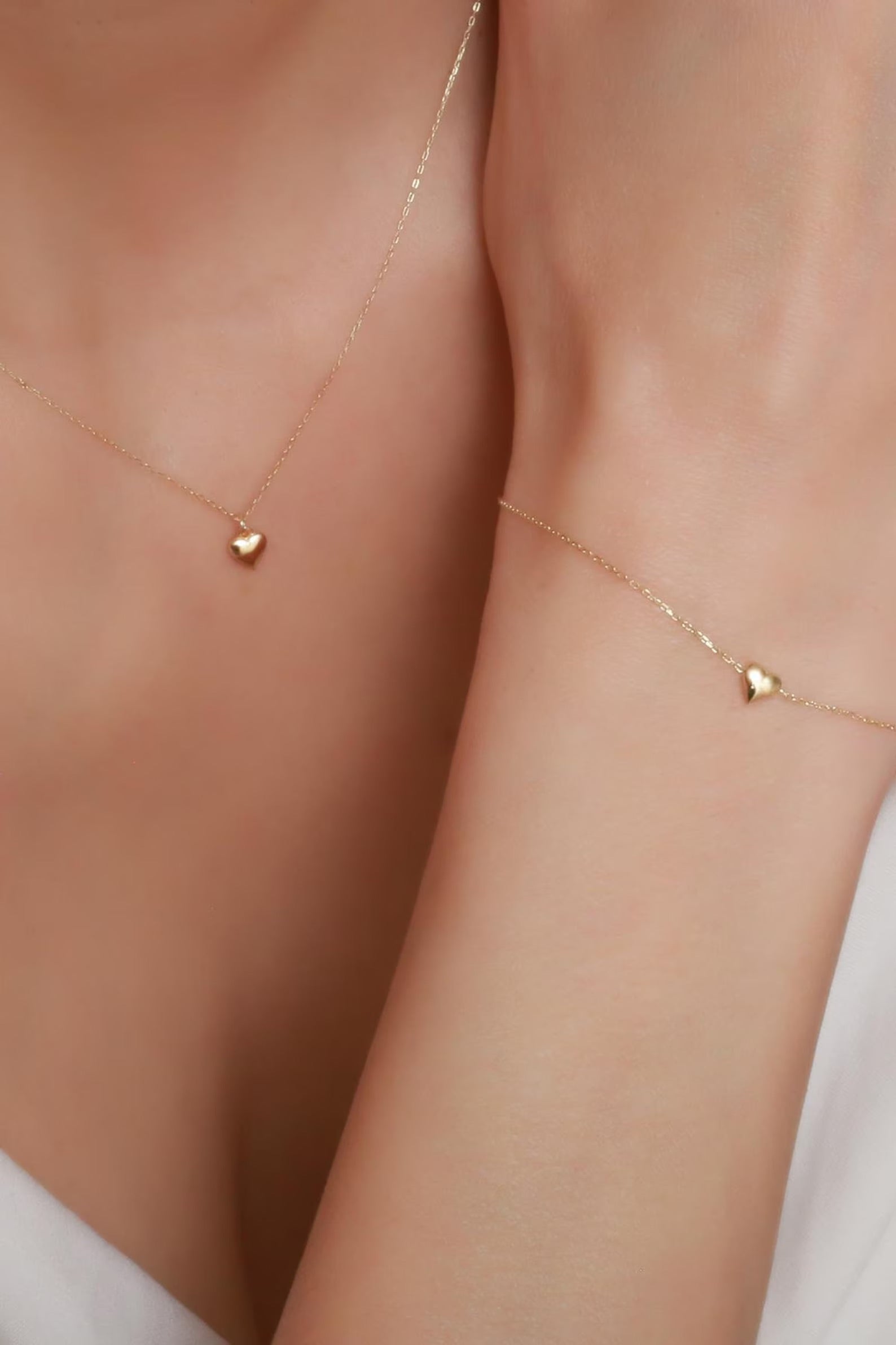 14K Solid Gold Dainty Heart Necklace and Bracelet (SET)