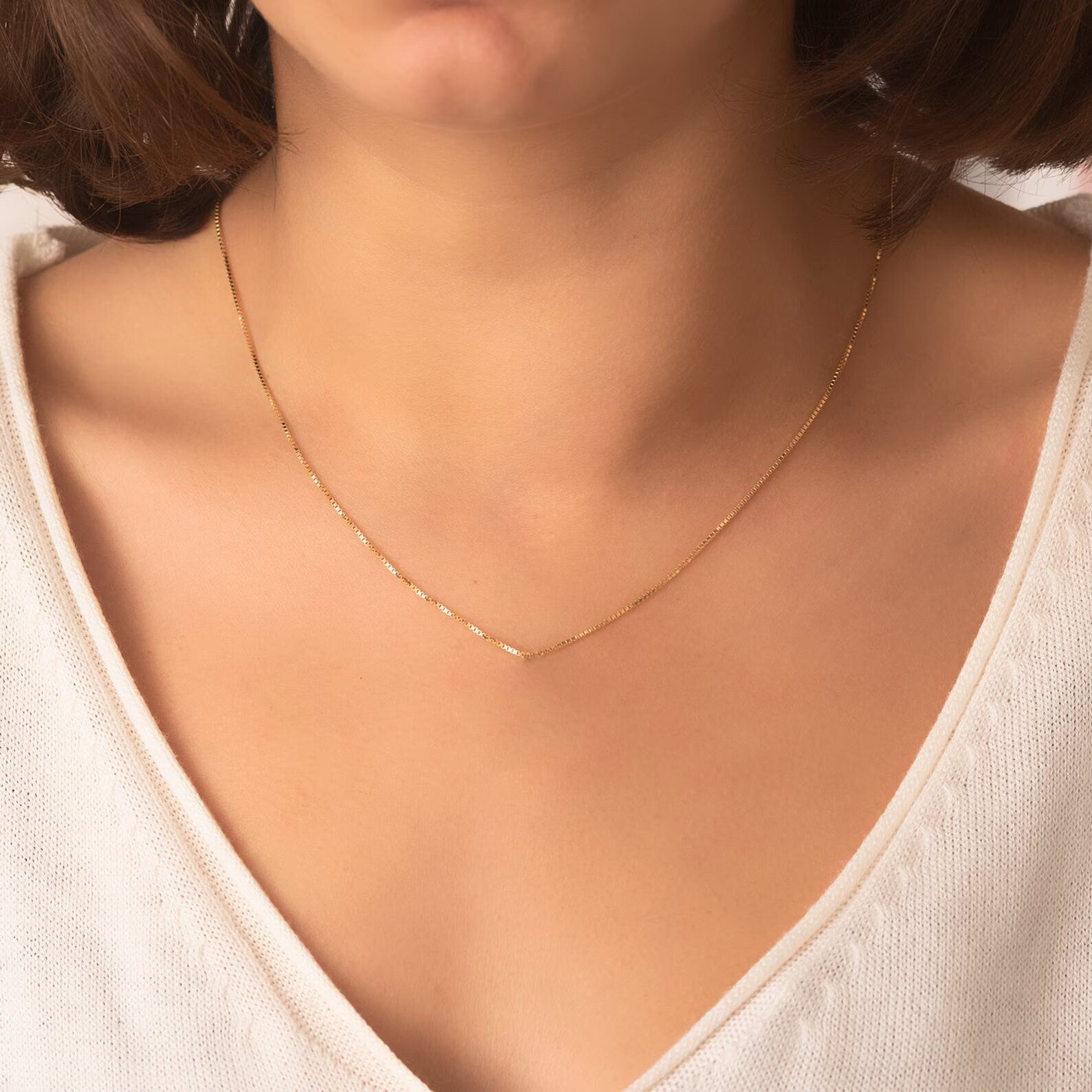 Solid 14K Gold Box Chain Necklace for Layering