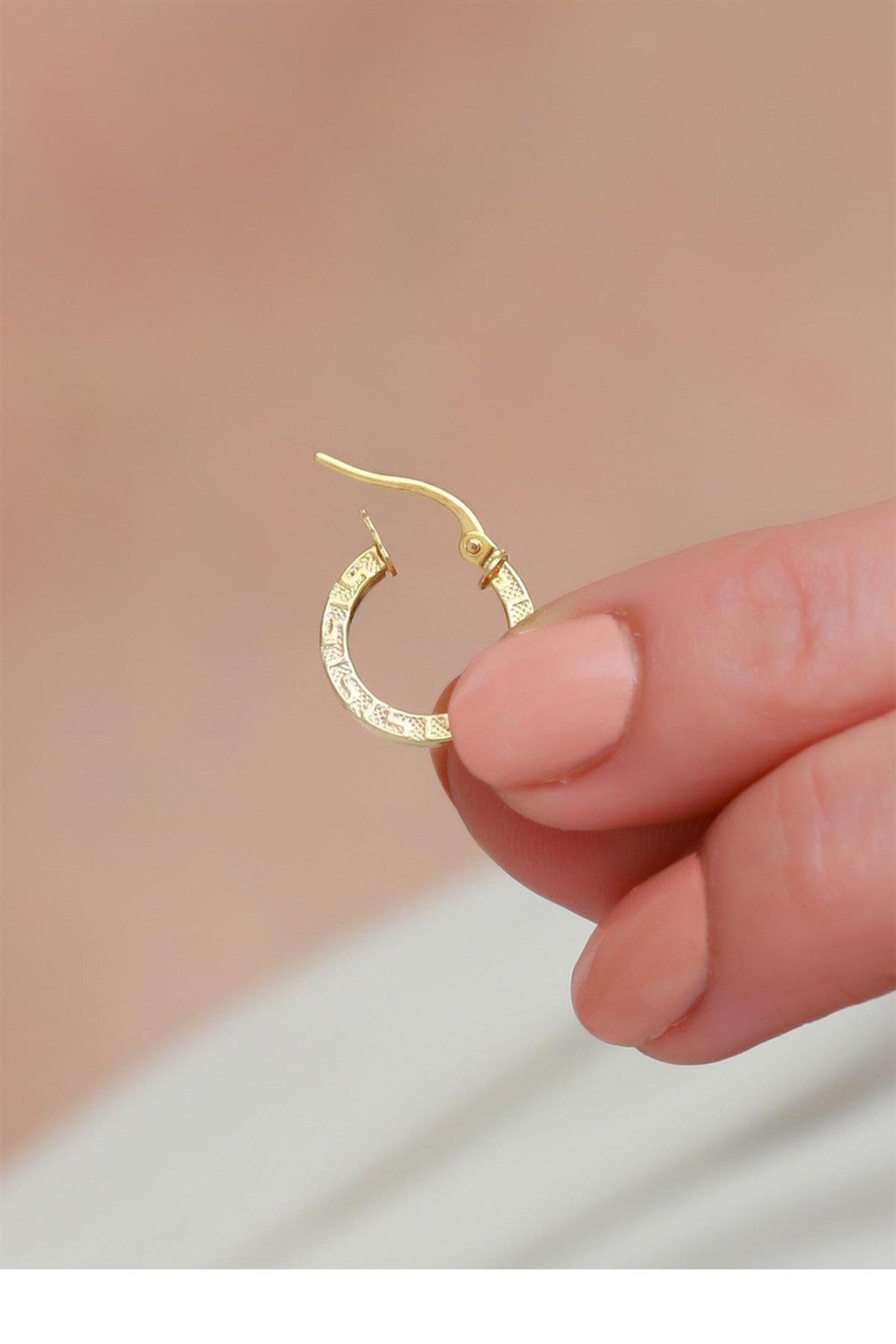 Solid 14K Gold Textured Hoop Earrings