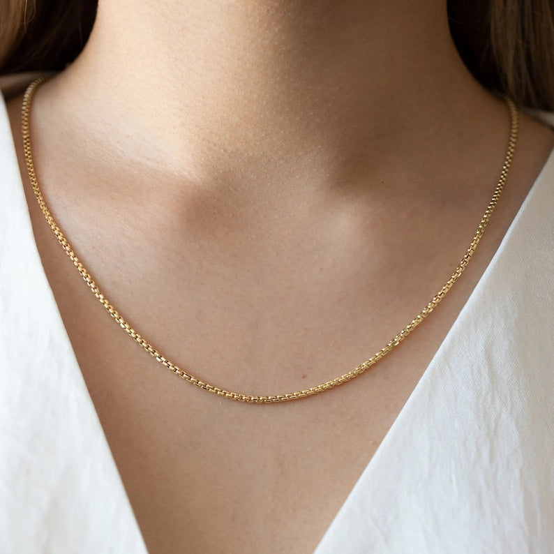Solid 14K Gold Round Box Chain Necklace, Delicate Dainty Layered Necklace - My Store