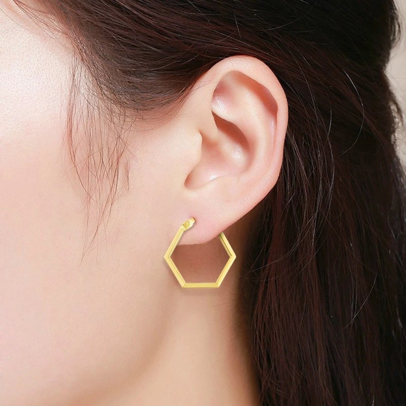 Hexagon Hoop Earrings | Earrings Real 14K Yellow Gold | Varto Jewelry