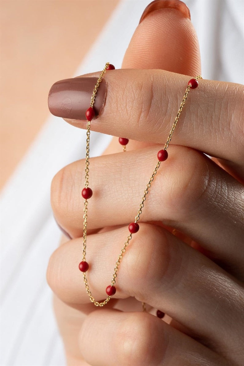 Dainty 14k Gold Necklace | 14K Gold Red Bead Necklace | Varto Jewelry