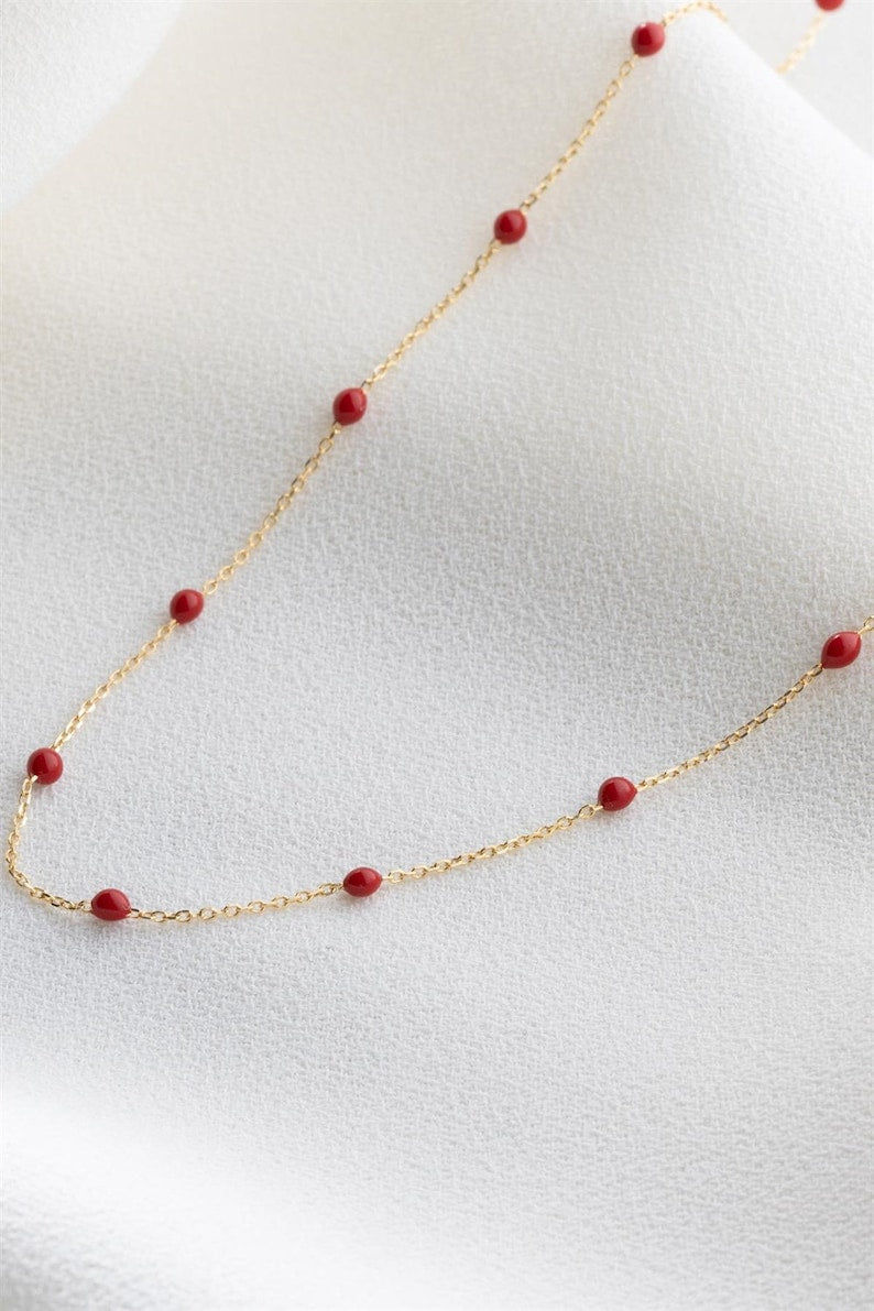 Dainty 14k Gold Necklace | 14K Gold Red Bead Necklace | Varto Jewelry