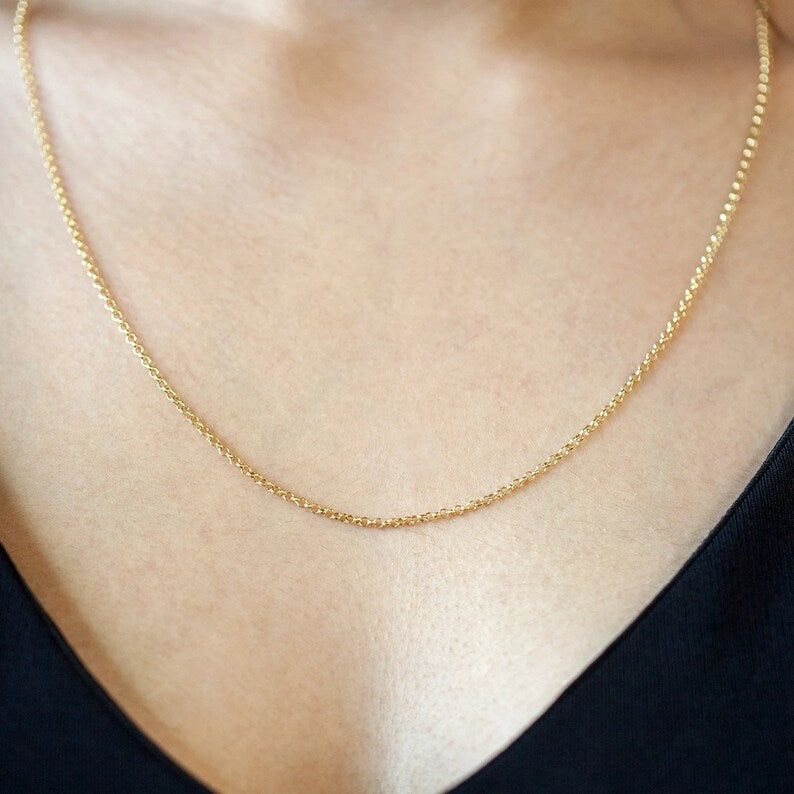 Solid 14K Gold Rolo Cable Chain, 14K Gold Rolo Link Chain Necklace - My Store