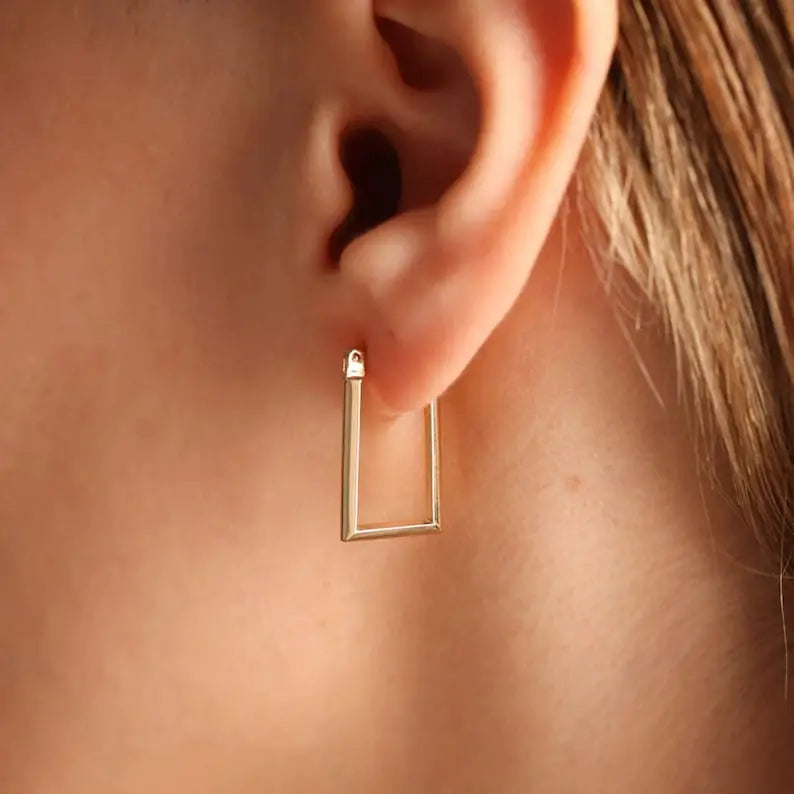 Rectangular Earings Rectangle Hoop Earrings Elegant 14K Solid Gold- Varto Jewelry - Varto ...