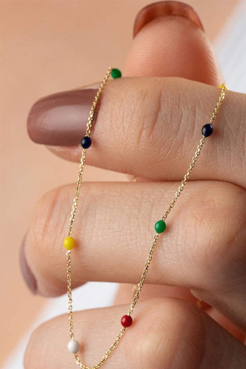 Rainbow Beaded Necklace | 4K Solid Gold Dainty Necklace| Varto Jewelry
