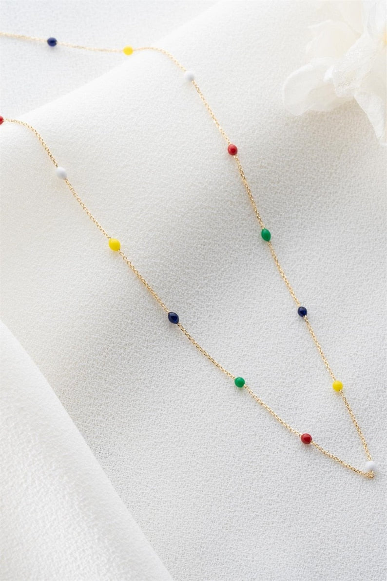 Rainbow Beaded Necklace | 4K Solid Gold Dainty Necklace| Varto Jewelry