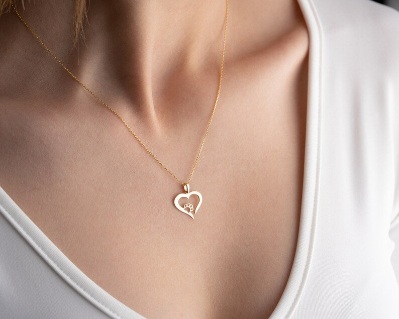Paw Print Necklace | Gold Heart Paw Print Necklace | Varto Jewelry