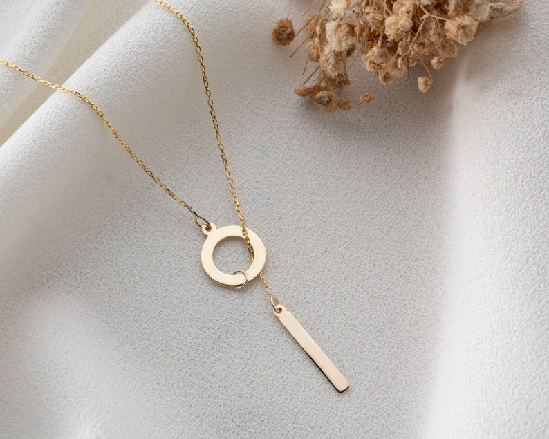 Circle Pendant Necklace | 14k Gold Circle Dropping Bar | Varto Jewelry
