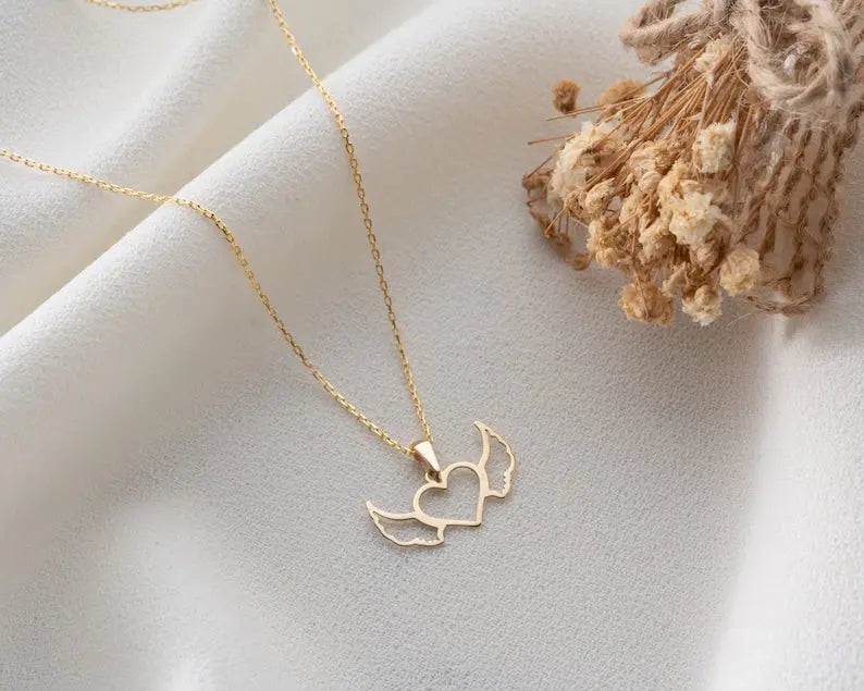 Angel Wings Gold Necklace | 14K Gold Heart Necklace | Varto Jewelry