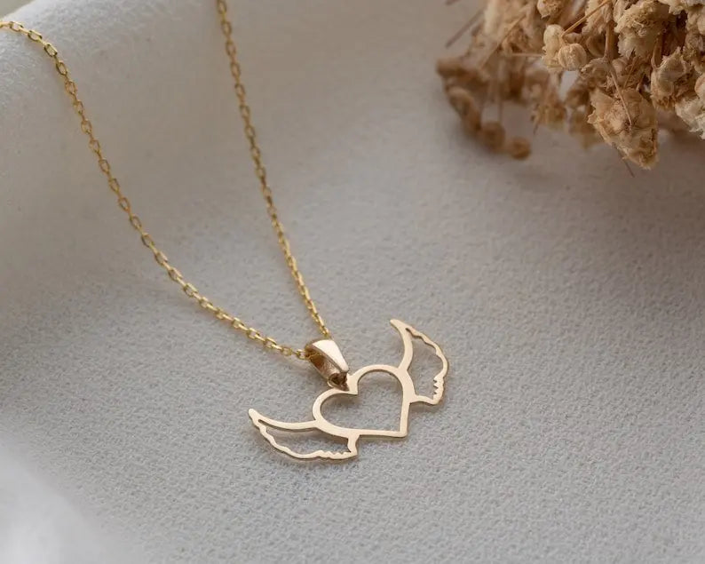 Angel Wings Gold Necklace | 14K Gold Heart Necklace | Varto Jewelry