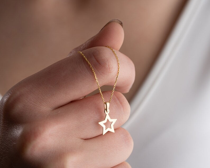 14K Solid Gold Open Star Pendant Necklace, Dainty Star Pendant - My Store