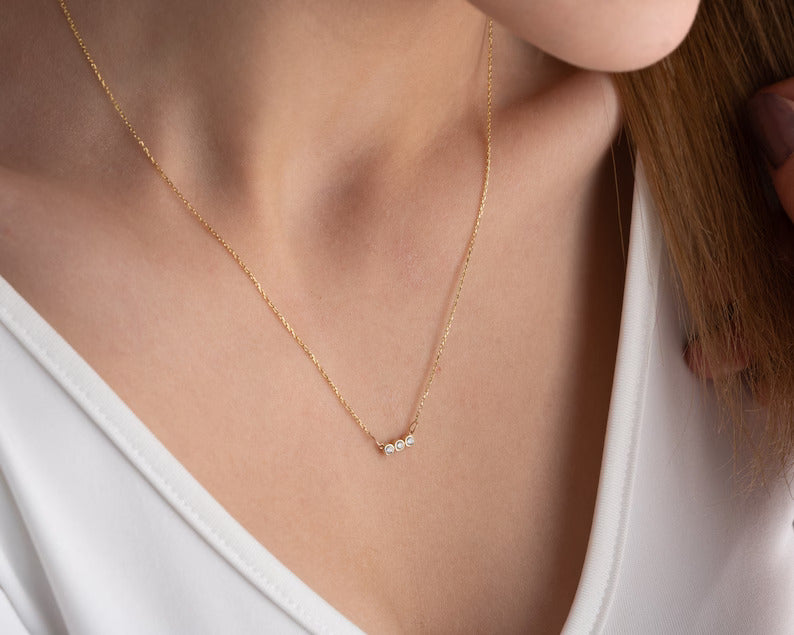 3 Stone Pendant Necklace | 14k Solid Gold Trio Necklace| Varto Jewelry