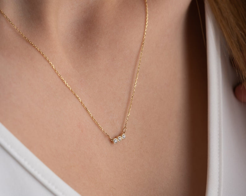 3 Stone Pendant Necklace | 14k Solid Gold Trio Necklace| Varto Jewelry